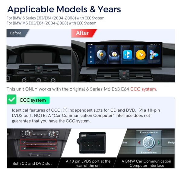 BMW | E63 | Android / iPhone | Octa-core | 4GB RAM & 64GB ROM | Integrated 4G LTE | QLB4263CC